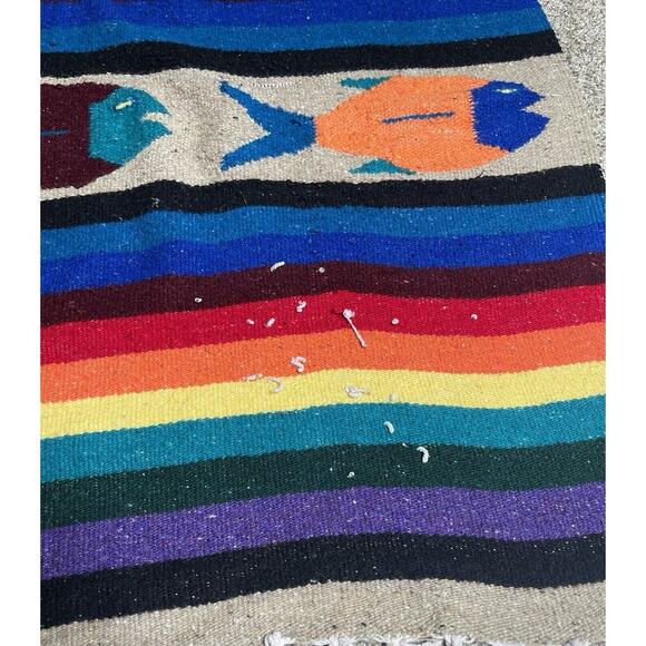 Vintage Native American Blanket 75in X 40in Fish & Colorful Rainbow Throw Rug - Picture 3 of 8